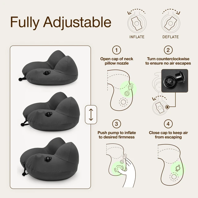 Alt view image 3 of 7 - AirJustable Travel Neck Pillow, Inflatable, Adjustable Support for Neck & Chin, Compact, Soft Memory Foam Comfort, Airplane Travel Essentials, Cooling & Washable Cover