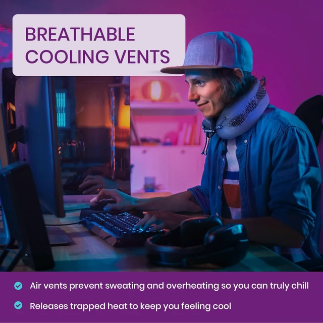 Alt view image 5 of 7 - Evolution Cool Travel Neck Pillow by - Cooling Airflow Vents, Memory Foam Neck Support, and Adjustable Clasp - Comfort On-The-Go with Carrying Case - Airplane, Train, Car, and Gaming (Blue)