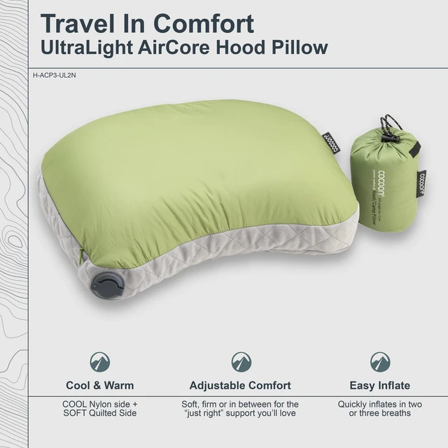 Alt view image 4 of 4 - Ultralight AirCore Hood Pillow - Wasabi | Inflatable pillow with integrated hood, Adjustable support, Lightweight and compact for camping and travel