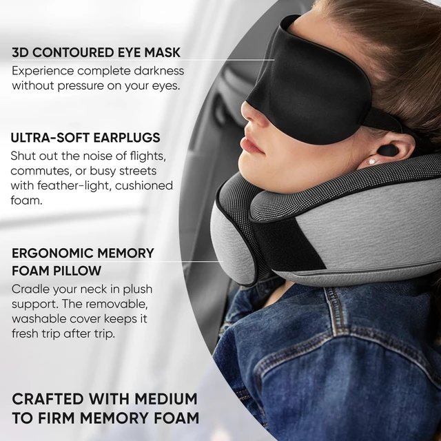 Alt view image 4 of 7 - Travel Neck Pillow for Airplanes, Long Haul Flight Kit, Grey | Long Flight Travel Kit with 3D Contoured Eye Masks, Earplugs and Luxury Bag, Updated Material Plane Sleeping Support