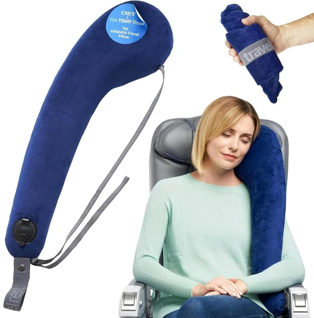 Main image of All-in-One Travel Neck Support & Body Pillow - Blue | Memory Foam Cover, Inflatable Travel Essential, Upper Compact Support, Sleeping Accessories, Road Trip & Long Flight Comfort