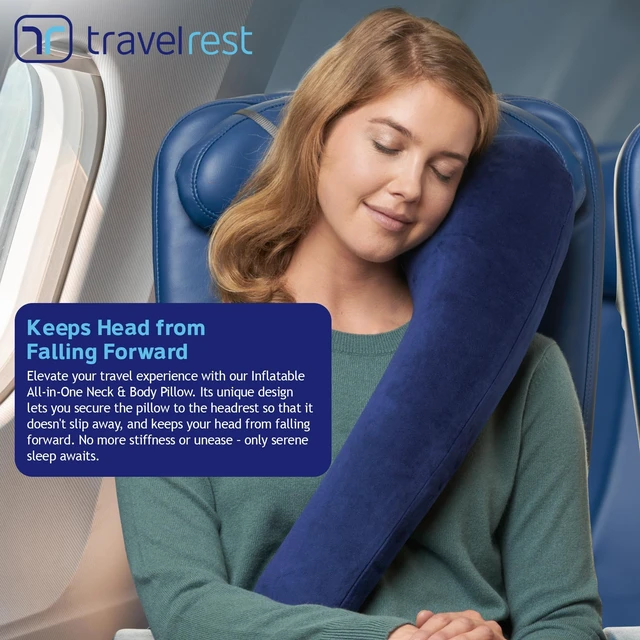 Alt view image 3 of 7 - All-in-One Travel Neck Support & Body Pillow - Blue | Memory Foam Cover, Inflatable Travel Essential, Upper Compact Support, Sleeping Accessories, Road Trip & Long Flight Comfort