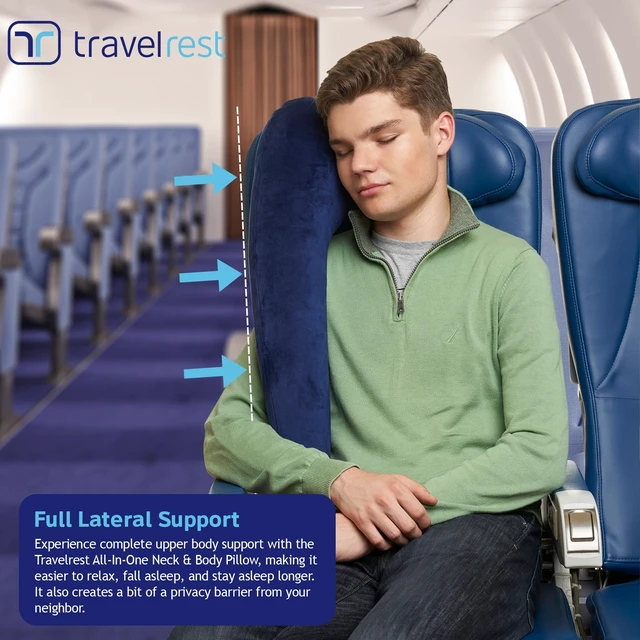 Alt view image 5 of 7 - All-in-One Travel Neck Support & Body Pillow - Blue | Memory Foam Cover, Inflatable Travel Essential, Upper Compact Support, Sleeping Accessories, Road Trip & Long Flight Comfort