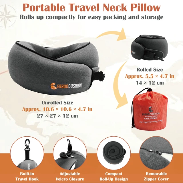 Alt view image 2 of 7 - Airplane Travel Neck Pillow, Slow-Rebound Foam, Dark Gray | Wraparound memory foam, adjustable closure, removable cover and carry pouch for flights, trains and passenger road trips.