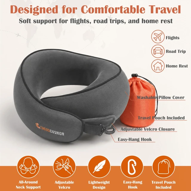 Alt view image 3 of 7 - Airplane Travel Neck Pillow, Slow-Rebound Foam, Dark Gray | Wraparound memory foam, adjustable closure, removable cover and carry pouch for flights, trains and passenger road trips.