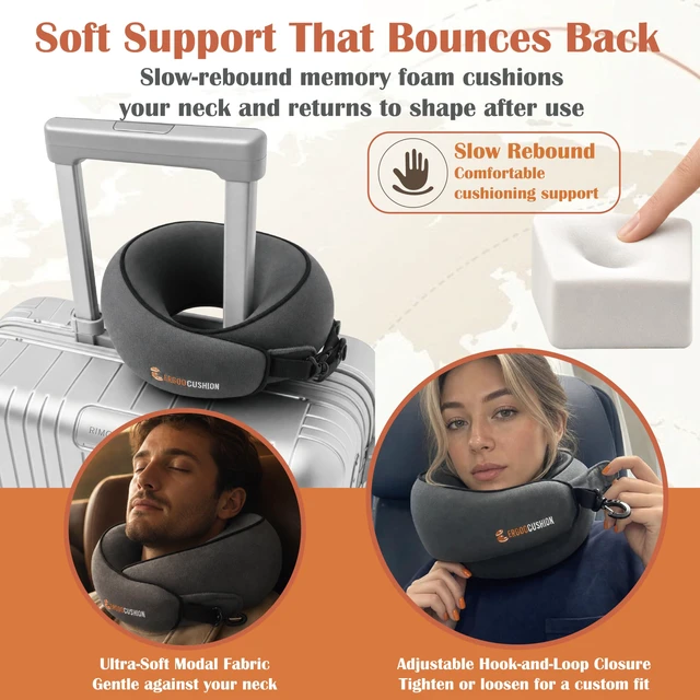 Alt view image 4 of 7 - Airplane Travel Neck Pillow, Slow-Rebound Foam, Dark Gray | Wraparound memory foam, adjustable closure, removable cover and carry pouch for flights, trains and passenger road trips.