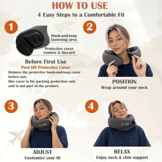 Alt view image 5 of 7 - Airplane Travel Neck Pillow, Slow-Rebound Foam, Dark Gray | Wraparound memory foam, adjustable closure, removable cover and carry pouch for flights, trains and passenger road trips.