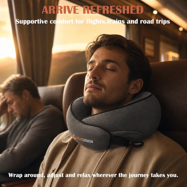 Alt view image 7 of 7 - Airplane Travel Neck Pillow, Slow-Rebound Foam, Dark Gray | Wraparound memory foam, adjustable closure, removable cover and carry pouch for flights, trains and passenger road trips.
