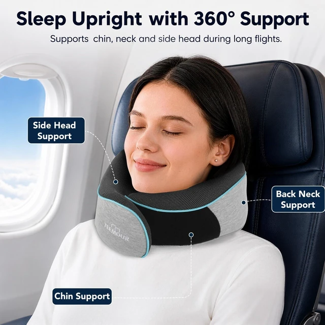 Alt view image 2 of 7 - Travel Pillow-Neck Pillows for Airplanes, Memory Foam Travel Neck Pillow for Long Flights|Airport Travel Essentials 360° Support Gifts for Travellers With Eye Mask & Earplugs, Portable Carry Bag
