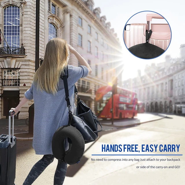 Alt view image 2 of 6 - Memory Foam Travel Pillows for Airplanes - Neck Pillow for Traveling with Attachable Snap Strap Soft Washable Cover, Flight Pillow for Sleeping, Car, Home, Office, Black