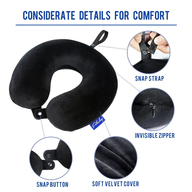 Alt view image 6 of 6 - Memory Foam Travel Pillows for Airplanes - Neck Pillow for Traveling with Attachable Snap Strap Soft Washable Cover, Flight Pillow for Sleeping, Car, Home, Office, Black