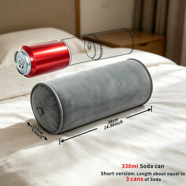 Alt view image 2 of 6 - Inflatable Round Neck Pillow Cervical Roll Pillow, 4.9 * 14.96 inch | Cylinder Bolster Pillow for Head, Neck, Back, Legs and Yoga, Grey