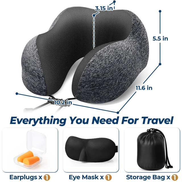 Alt view image 2 of 7 - Travel Pillow, Memory Foam Neck Pillow Airplane, Grey | Travel Pillows for Airplanes, Neck Pillow Airplane, Memory Foam Neck Pillow Set with Eye Mask, Earplugs