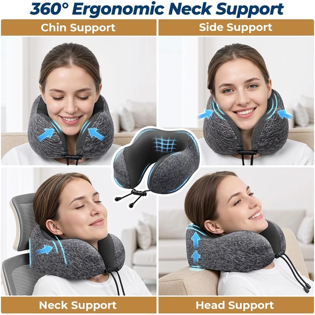 Alt view image 4 of 7 - Travel Pillow, Memory Foam Neck Pillow Airplane, Grey | Travel Pillows for Airplanes, Neck Pillow Airplane, Memory Foam Neck Pillow Set with Eye Mask, Earplugs