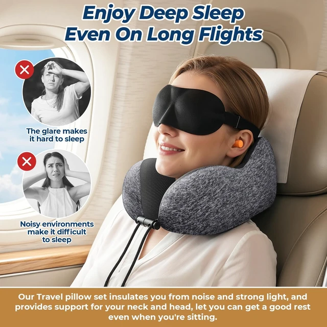 Alt view image 5 of 7 - Travel Pillow, Memory Foam Neck Pillow Airplane, Grey | Travel Pillows for Airplanes, Neck Pillow Airplane, Memory Foam Neck Pillow Set with Eye Mask, Earplugs