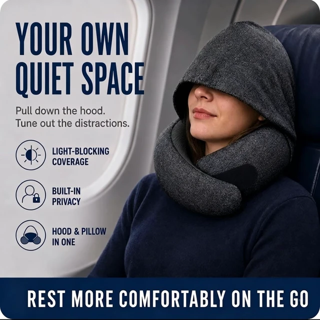 Alt view image 3 of 7 - Travel Neck Pillow with Hood, Upgraded Memory Foam Airplane Pillow for Sleeping, 360° Support U Shaped Travel Pillow with Hidden Eye Cover, Portable Flight Accessories for Plane Car Office(Black)