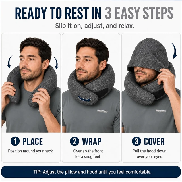 Alt view image 5 of 7 - Travel Neck Pillow with Hood, Upgraded Memory Foam Airplane Pillow for Sleeping, 360° Support U Shaped Travel Pillow with Hidden Eye Cover, Portable Flight Accessories for Plane Car Office(Black)