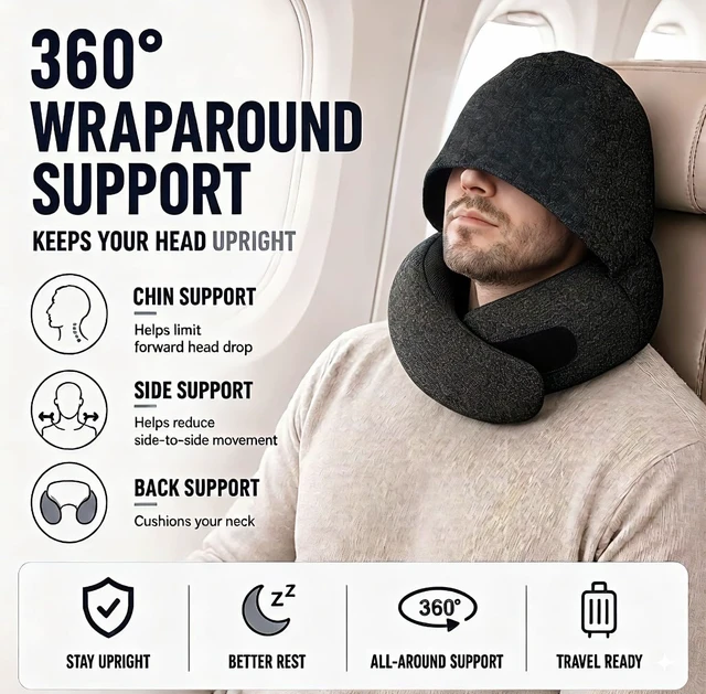 Alt view image 2 of 7 - Travel Neck Pillow with Hood, Upgraded Memory Foam Airplane Pillow for Sleeping, 360° Support U Shaped Travel Pillow with Hidden Eye Cover, Portable Flight Accessories for Plane Car Office(Black)
