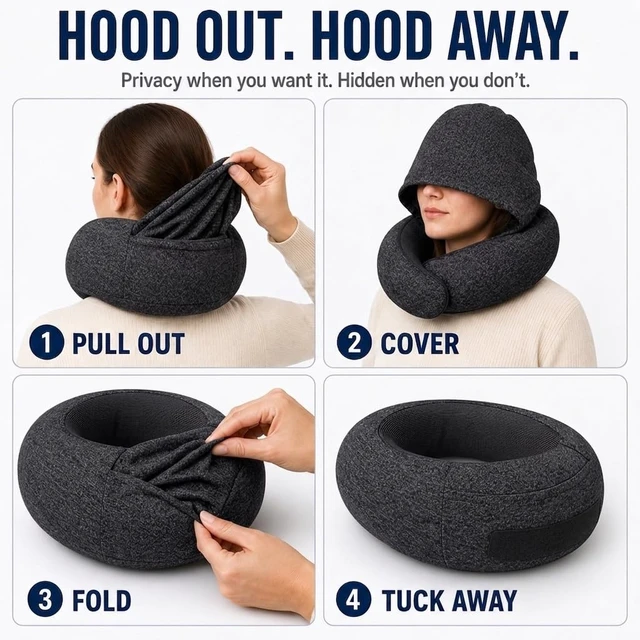 Alt view image 6 of 7 - Travel Neck Pillow with Hood, Upgraded Memory Foam Airplane Pillow for Sleeping, 360° Support U Shaped Travel Pillow with Hidden Eye Cover, Portable Flight Accessories for Plane Car Office(Black)
