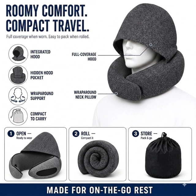 Alt view image 7 of 7 - Travel Neck Pillow with Hood, Upgraded Memory Foam Airplane Pillow for Sleeping, 360° Support U Shaped Travel Pillow with Hidden Eye Cover, Portable Flight Accessories for Plane Car Office(Black)