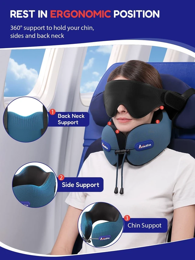 Alt view image 3 of 7 - Travel Neck Pillow for Airplane,Memory Foam,3D Eye Mask | 360 Ergonomic Pillow Head Neck Chin Sleep Support Essentials for Traveling/Long-haul Light/Car/Train/Office/Home Teal