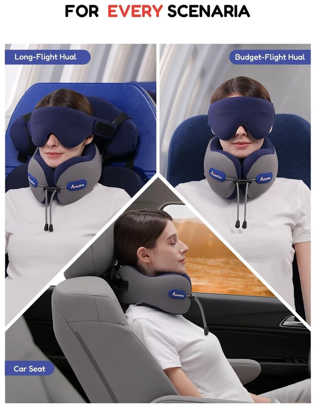 Alt view image 6 of 7 - Travel Neck Pillow for Airplane,Memory Foam,3D Eye Mask | 360 Ergonomic Pillow Head Neck Chin Sleep Support Essentials for Traveling/Long-haul Light/Car/Train/Office/Home Teal