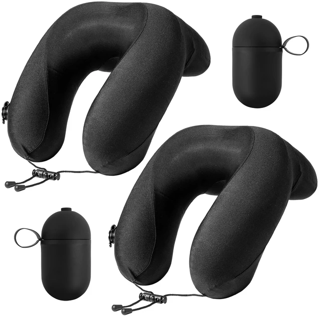 Main image of 2 Pack Inflatable Travel Neck Pillow for Airplane with Adjustable 360° Head & Neck Support, 2-in-1 Air Pump and Storage Bag, Soft Removable Washable Cover for Airplane, Train, Office