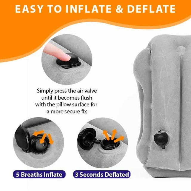 Alt view image 4 of 6 - Inflatable Travel Pillow - Airplane Pillow for Neck Support on Long Flights, Buses, Cars, Office & Trains - Comes with Eye Mask, Earplugs & Portable Drawstring Bag - Grey