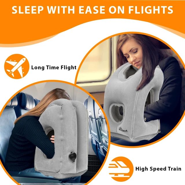 Alt view image 2 of 6 - Inflatable Travel Pillow - Airplane Pillow for Neck Support on Long Flights, Buses, Cars, Office & Trains - Comes with Eye Mask, Earplugs & Portable Drawstring Bag - Grey