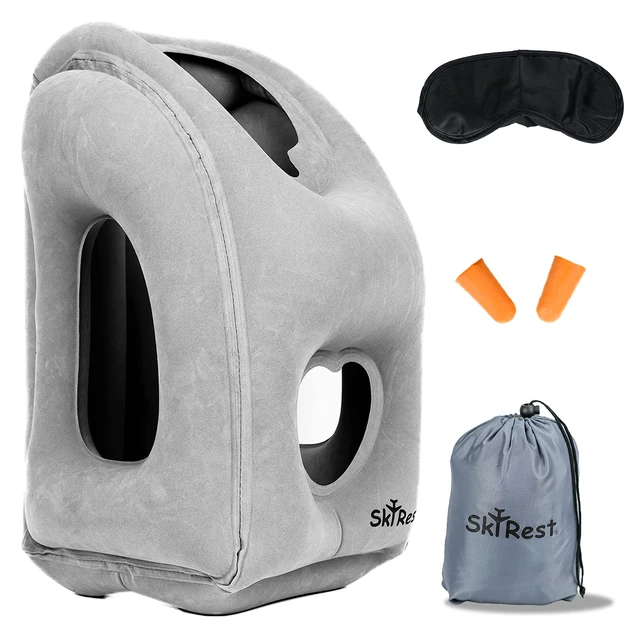 Main image of Inflatable Travel Pillow - Airplane Pillow for Neck Support on Long Flights, Buses, Cars, Office & Trains - Comes with Eye Mask, Earplugs & Portable Drawstring Bag - Grey