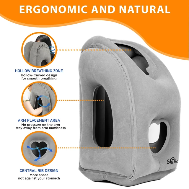 Alt view image 5 of 6 - Inflatable Travel Pillow - Airplane Pillow for Neck Support on Long Flights, Buses, Cars, Office & Trains - Comes with Eye Mask, Earplugs & Portable Drawstring Bag - Grey