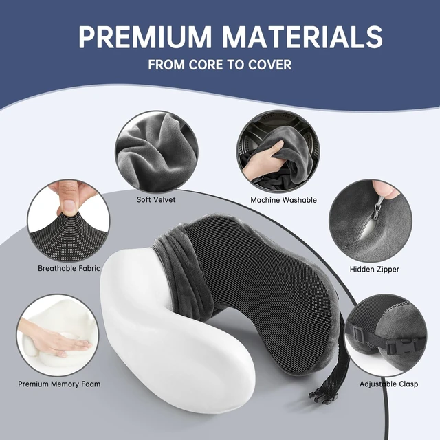 Alt view image 3 of 6 - Neck Pillow Memory Foam Adjustable Clasp for Airplane Travel | Ergonomic Support, Removable Washable Cover, Portable Travel Bag. Ideal for Car, Office & Long Flights. Dark Gray