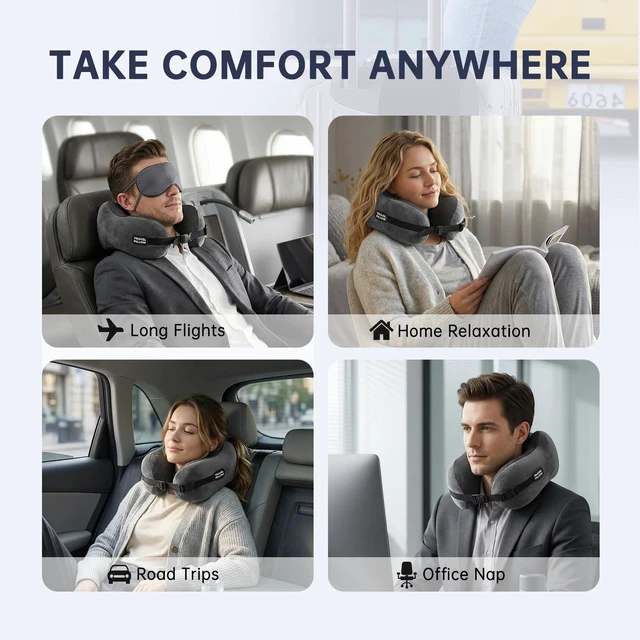 Alt view image 4 of 6 - Neck Pillow Memory Foam Adjustable Clasp for Airplane Travel | Ergonomic Support, Removable Washable Cover, Portable Travel Bag. Ideal for Car, Office & Long Flights. Dark Gray