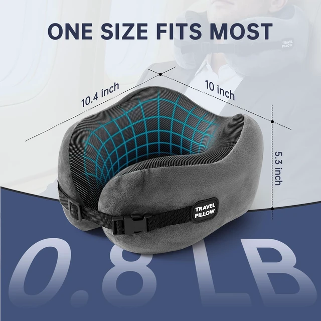 Alt view image 2 of 6 - Neck Pillow Memory Foam Adjustable Clasp for Airplane Travel | Ergonomic Support, Removable Washable Cover, Portable Travel Bag. Ideal for Car, Office & Long Flights. Dark Gray