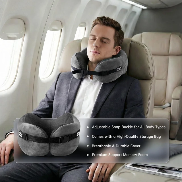 Alt view image 6 of 6 - Neck Pillow Memory Foam Adjustable Clasp for Airplane Travel | Ergonomic Support, Removable Washable Cover, Portable Travel Bag. Ideal for Car, Office & Long Flights. Dark Gray