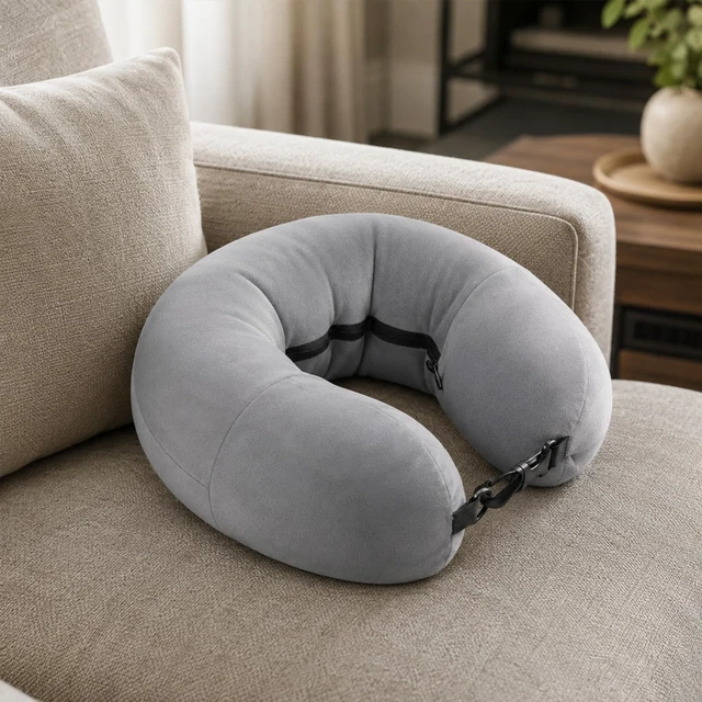 Alt view image 5 of 7 - Fillable Neck Pillows for Travel, Adjustable Stuffable Neck Pillow | Grey Packable Inflatable Stuffable Travel Pillow Fits 5+ days Travel Essentials for Airplanes
