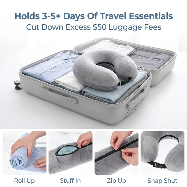 Alt view image 4 of 7 - Fillable Neck Pillows for Travel, Adjustable Stuffable Neck Pillow | Grey Packable Inflatable Stuffable Travel Pillow Fits 5+ days Travel Essentials for Airplanes