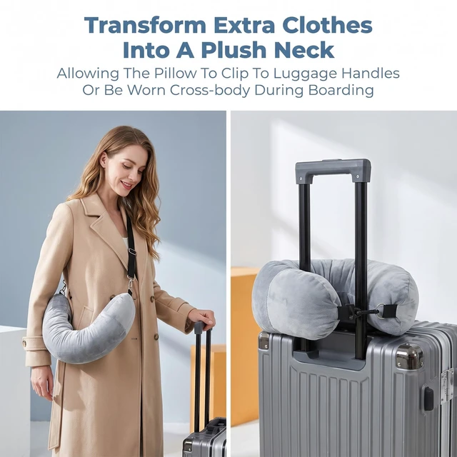 Alt view image 6 of 7 - Fillable Neck Pillows for Travel, Adjustable Stuffable Neck Pillow | Grey Packable Inflatable Stuffable Travel Pillow Fits 5+ days Travel Essentials for Airplanes