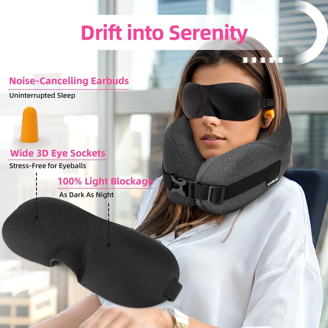 Alt view image 7 of 7 - Neck Pillow Airplane Travel Set, Memory Foam Plane Pillow for Long Flights | Travel Pillow, 3D Contoured Eye Mask, Earplugs, Portable Bag