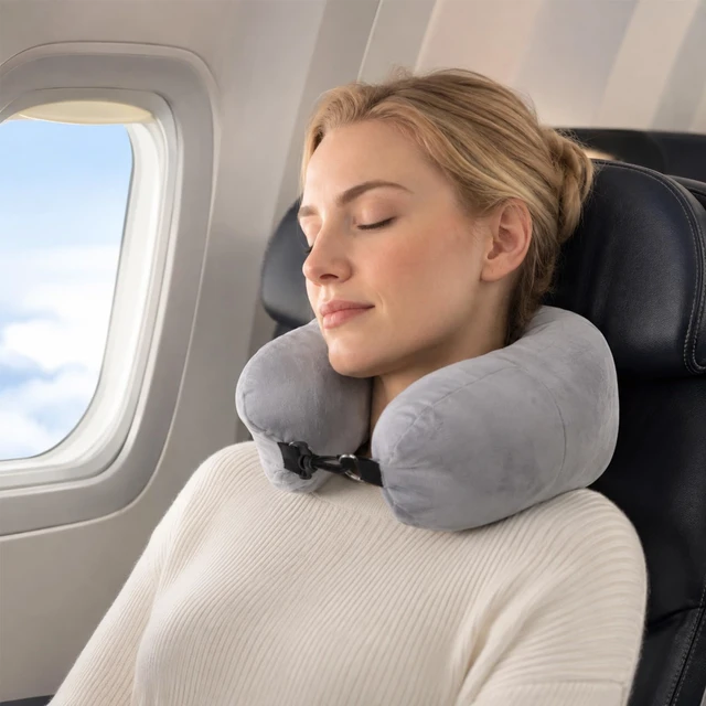 Alt view image 7 of 7 - Fillable Neck Pillows for Travel, Adjustable Stuffable Neck Pillow | Grey Packable Inflatable Stuffable Travel Pillow Fits 5+ days Travel Essentials for Airplanes