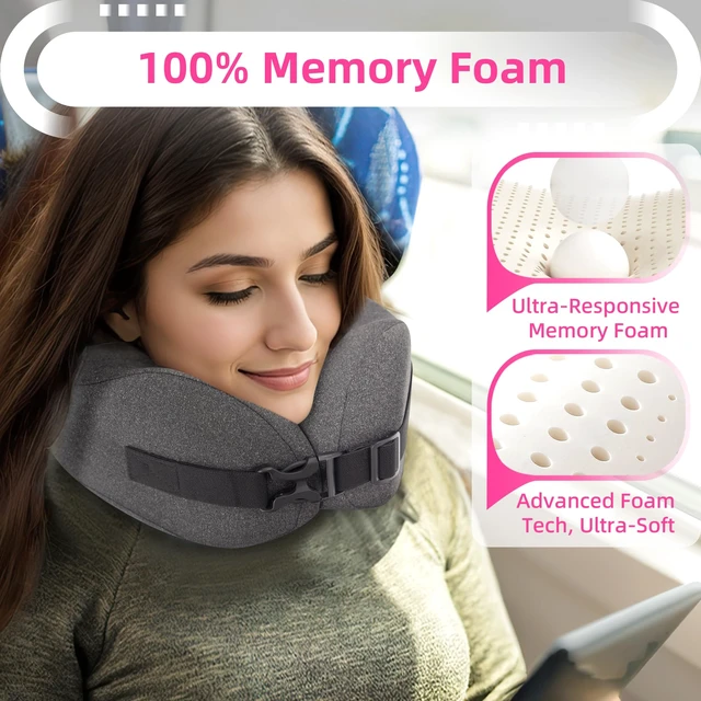 Alt view image 5 of 7 - Neck Pillow Airplane Travel Set, Memory Foam Plane Pillow for Long Flights | Travel Pillow, 3D Contoured Eye Mask, Earplugs, Portable Bag