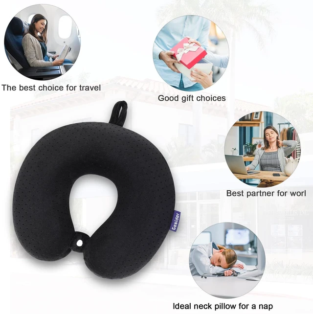 Alt view image 6 of 7 - Black Travel Neck Pillow U Shape Memory Foam Airplane Pillow Soft | Travel Pillows for Airplanes, Compact Neck Pillow Travel, Neck and Head Support, For Planes, Car, Train, Office Use