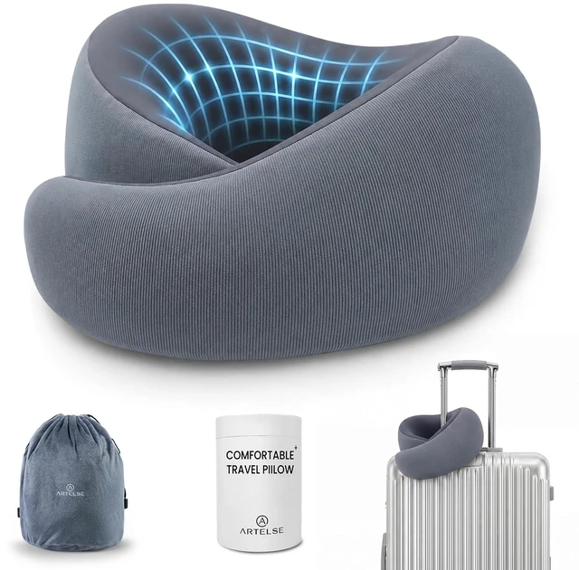 Main image of Travel Neck Pillow - Memory Foam Airplane Pillow with Chin Support | Dual raised sides provide 360° head and chin support; washable breathable cover and compact carry bag for long flights