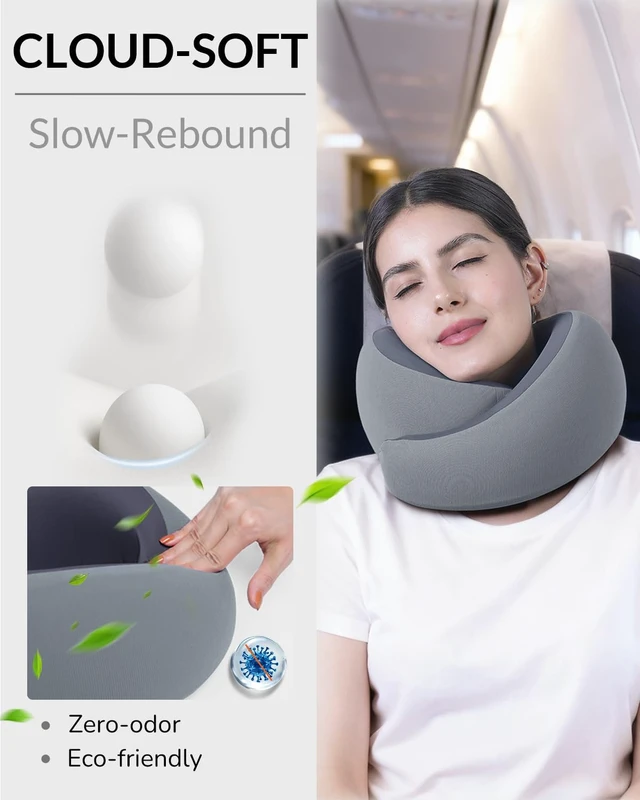Alt view image 4 of 7 - Travel Neck Pillow - Memory Foam Airplane Pillow with Chin Support | Dual raised sides provide 360° head and chin support; washable breathable cover and compact carry bag for long flights