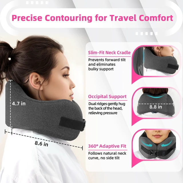 Alt view image 3 of 7 - Neck Pillow Airplane Travel Set, Memory Foam Plane Pillow for Long Flights | Travel Pillow, 3D Contoured Eye Mask, Earplugs, Portable Bag