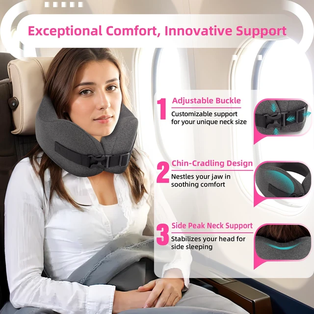 Alt view image 2 of 7 - Neck Pillow Airplane Travel Set, Memory Foam Plane Pillow for Long Flights | Travel Pillow, 3D Contoured Eye Mask, Earplugs, Portable Bag