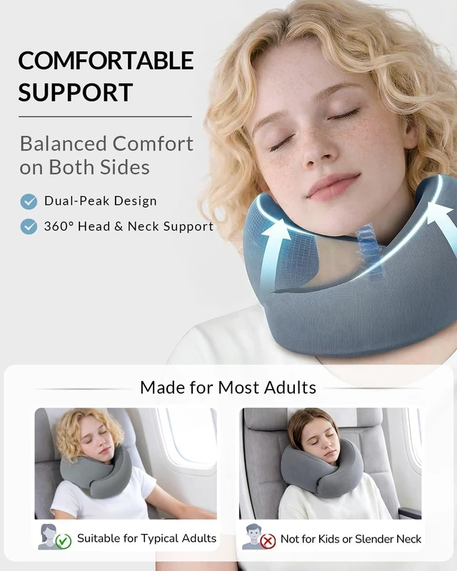 Alt view image 2 of 7 - Travel Neck Pillow - Memory Foam Airplane Pillow with Chin Support | Dual raised sides provide 360° head and chin support; washable breathable cover and compact carry bag for long flights