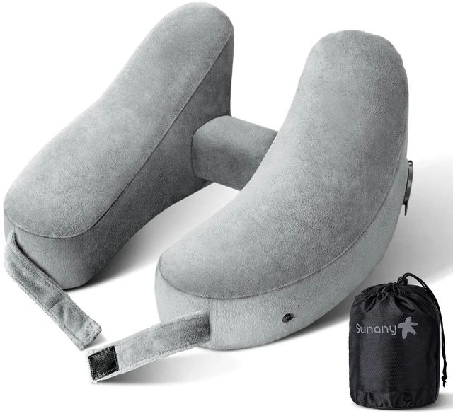Main image of Travel Neck Pillow for Airplane Pillow Comfortably Supports Head, Neck and Chin, Inflatable Travel Pillow with Soft Velour Cover and Portable Drawstring Bag (Grey, H-Shape)