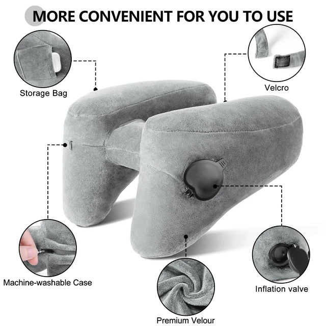 Alt view image 3 of 5 - Travel Neck Pillow for Airplane Pillow Comfortably Supports Head, Neck and Chin, Inflatable Travel Pillow with Soft Velour Cover and Portable Drawstring Bag (Grey, H-Shape)