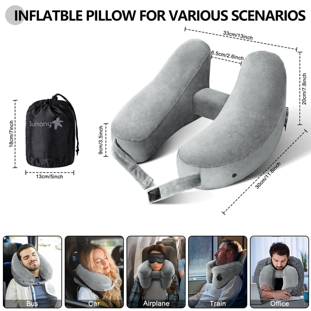 Alt view image 2 of 5 - Travel Neck Pillow for Airplane Pillow Comfortably Supports Head, Neck and Chin, Inflatable Travel Pillow with Soft Velour Cover and Portable Drawstring Bag (Grey, H-Shape)